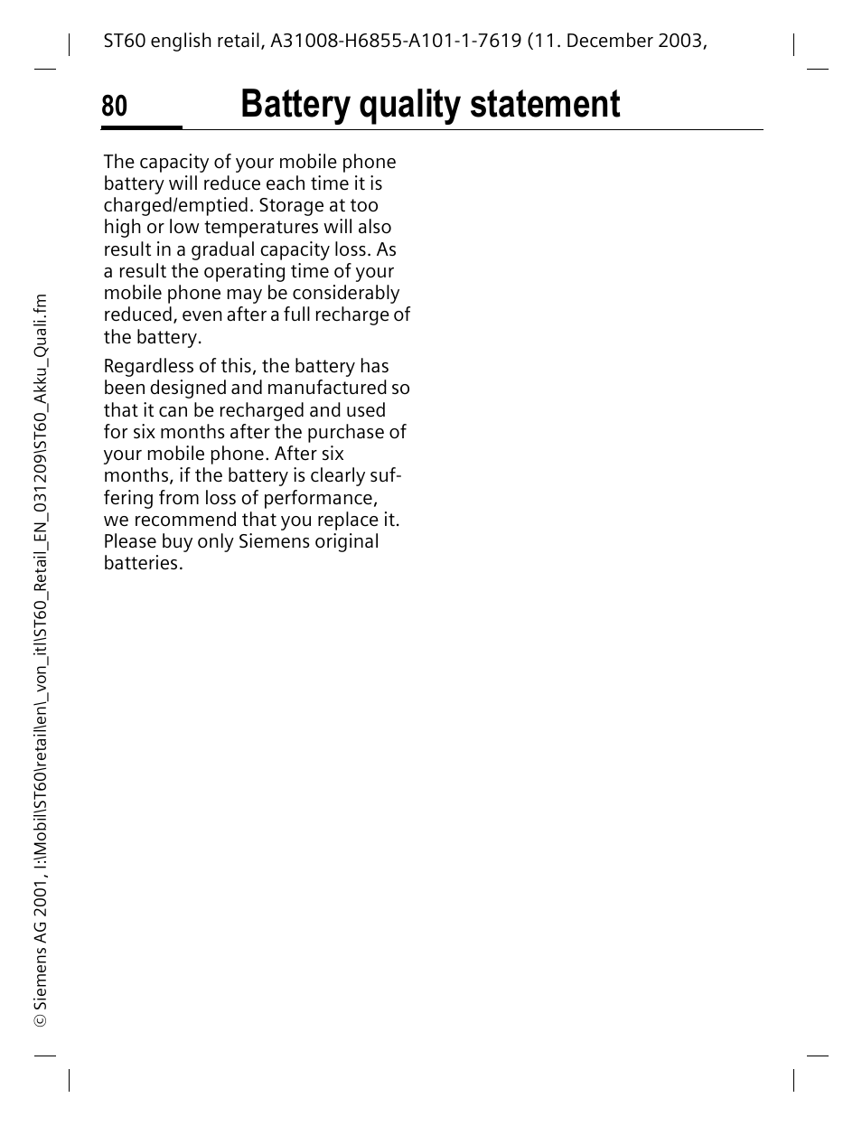 Battery quality statement | Siemens ST60 User Manual | Page 80 / 89