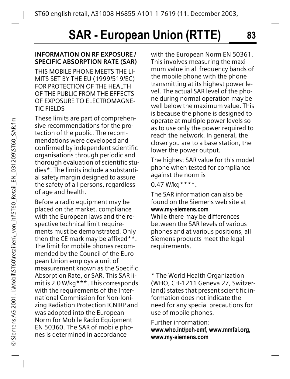 Sar - european union (rtte) | Siemens ST60 User Manual | Page 83 / 89