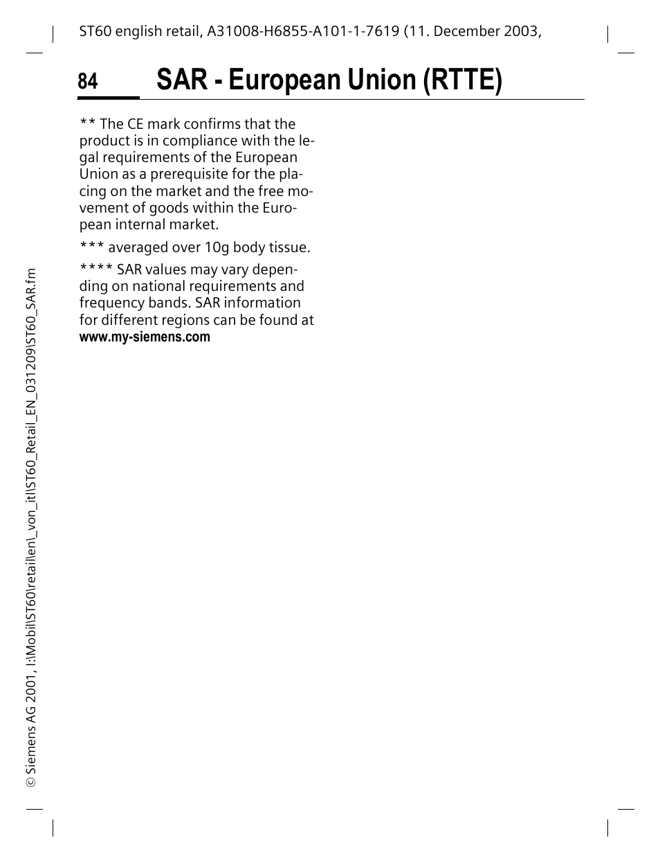 Sar - european union (rtte) | Siemens ST60 User Manual | Page 84 / 89