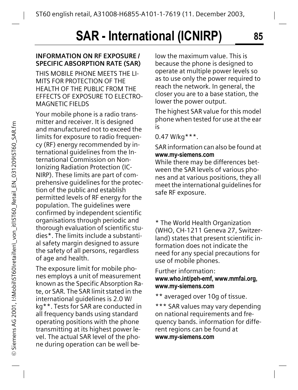 Sar - international (icnirp) | Siemens ST60 User Manual | Page 85 / 89