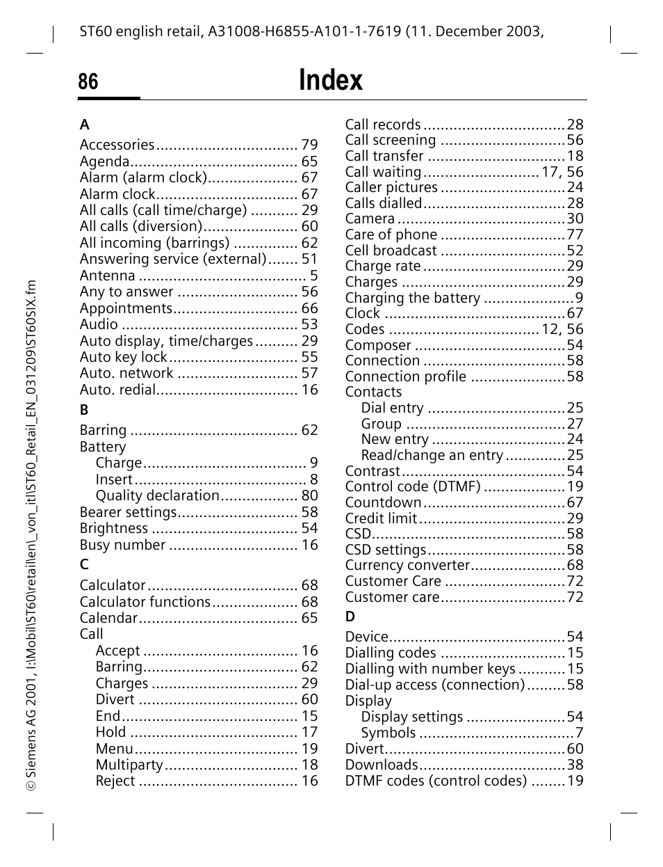 Index | Siemens ST60 User Manual | Page 86 / 89