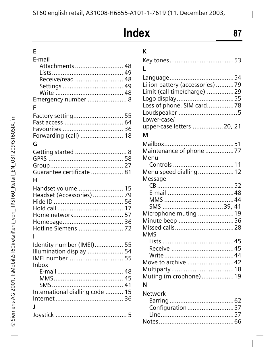 Index | Siemens ST60 User Manual | Page 87 / 89