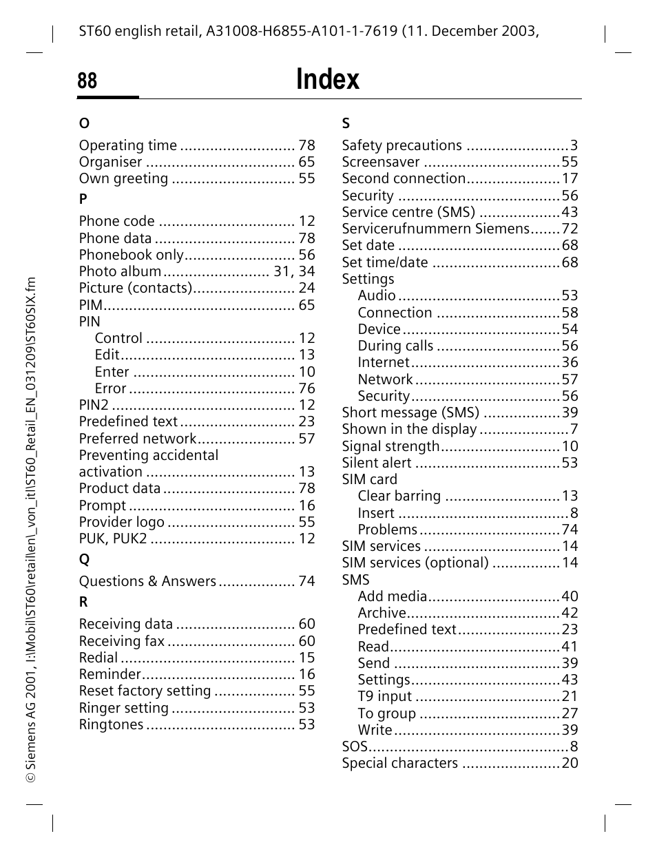 Index | Siemens ST60 User Manual | Page 88 / 89