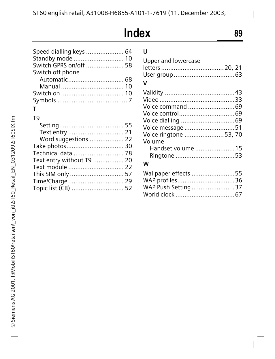 Index | Siemens ST60 User Manual | Page 89 / 89