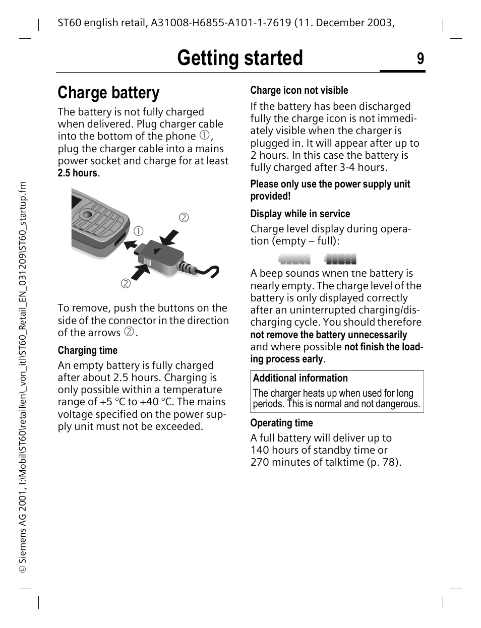 Charge battery, Getting started | Siemens ST60 User Manual | Page 9 / 89