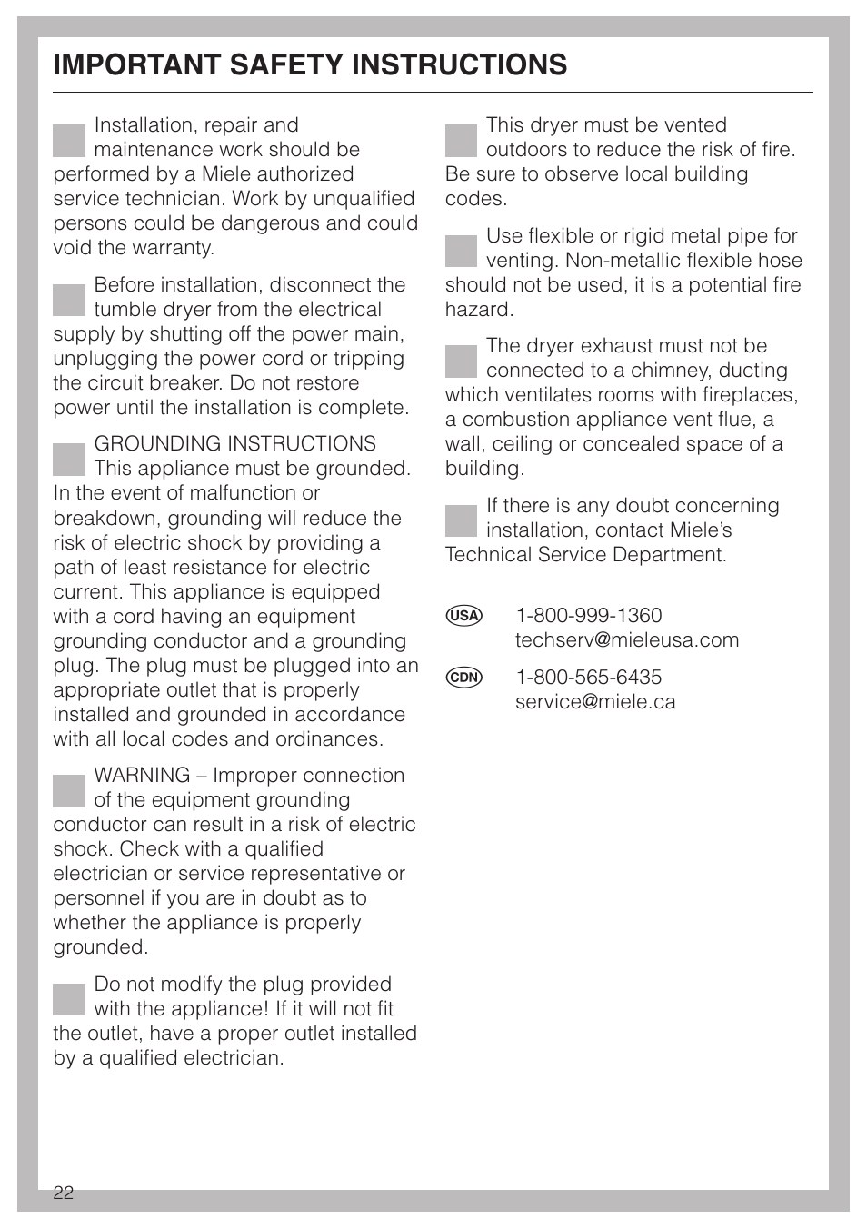 Important safety instructions 22, Important safety instructions | Miele T 1413 T 1415 User Manual | Page 26 / 40