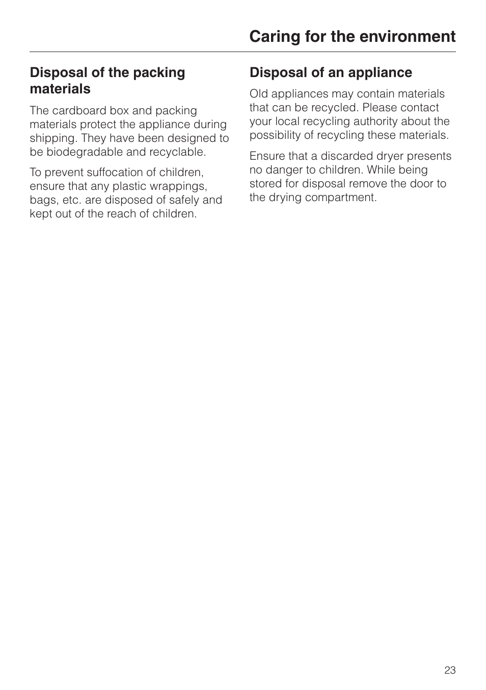 Caring for the environment 23, Caring for the environment | Miele T 1413 T 1415 User Manual | Page 27 / 40