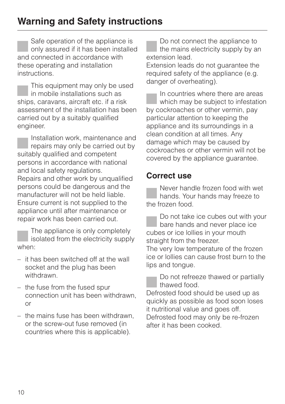 Warning and safety instructions, Correct use | Miele KF 9757 iD User Manual | Page 10 / 64