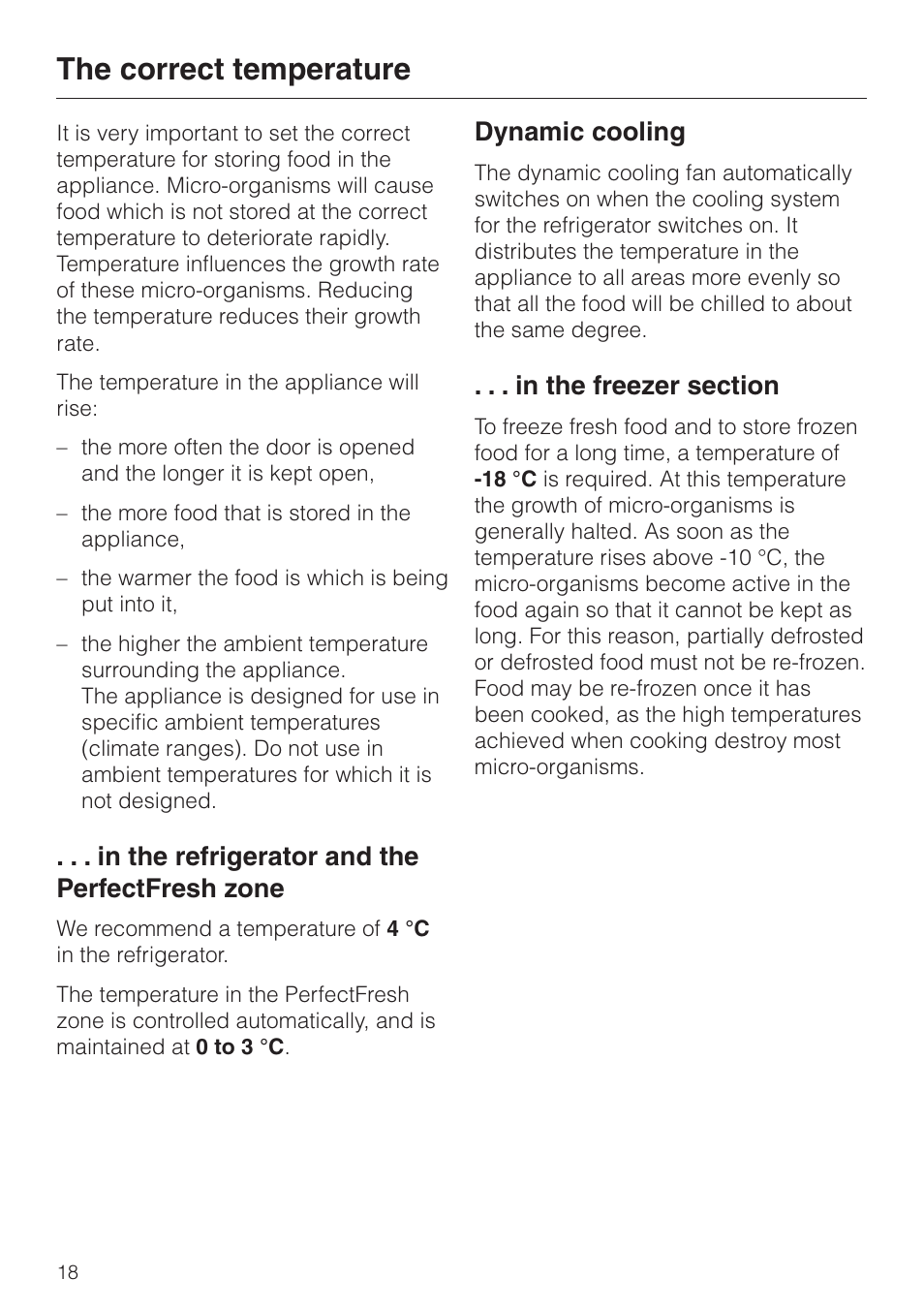 The correct temperature 18, In the refrigerator and the perfectfresh zone 18, Dynamic cooling 18 | In the freezer section 18, The correct temperature, Dynamic cooling | Miele KF 9757 iD User Manual | Page 18 / 64