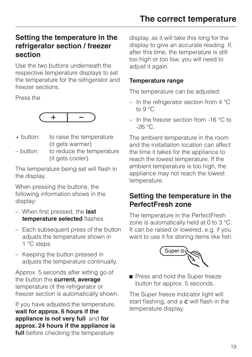 Temperature range 19, Temperature range, Setting the temperature in the perfectfresh zone | The correct temperature | Miele KF 9757 iD User Manual | Page 19 / 64