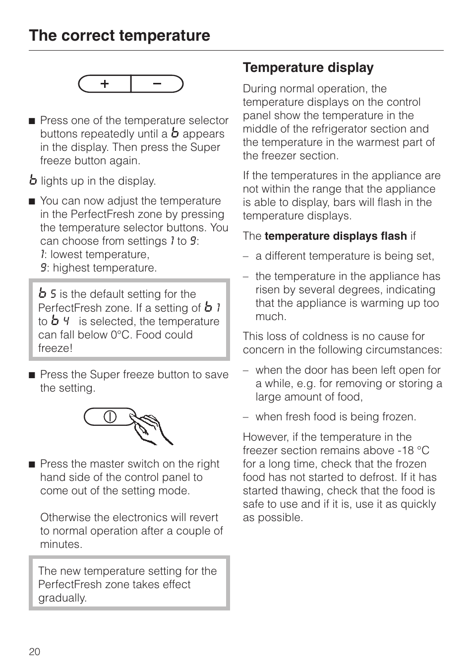 Temperature display 20, Temperature display, The correct temperature | Miele KF 9757 iD User Manual | Page 20 / 64