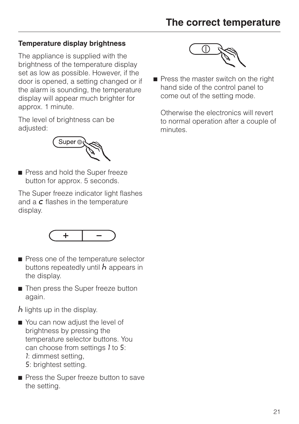 Temperature display brightness 21, Temperature display brightness, The correct temperature | Miele KF 9757 iD User Manual | Page 21 / 64