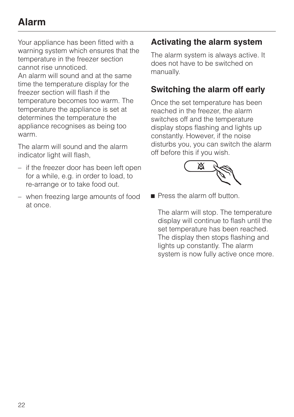 Alarm 22, Activating the alarm system 22, Switching the alarm off early 22 | Alarm, Activating the alarm system, Switching the alarm off early | Miele KF 9757 iD User Manual | Page 22 / 64