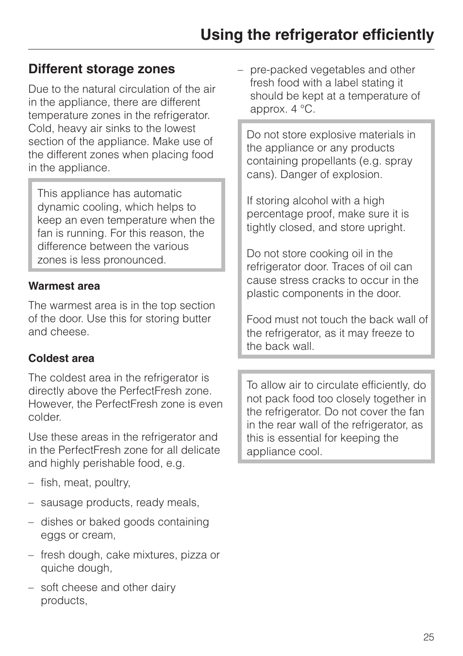 Using the refrigerator efficiently 25, Different storage zones 25, Using the refrigerator efficiently | Different storage zones | Miele KF 9757 iD User Manual | Page 25 / 64