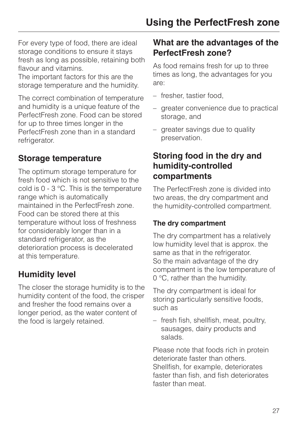 Using the perfectfresh zone 27, Storage temperature 27, Humidity level 27 | The dry compartment 27, Using the perfectfresh zone, The dry compartment, Storage temperature, Humidity level, What are the advantages of the perfectfresh zone | Miele KF 9757 iD User Manual | Page 27 / 64