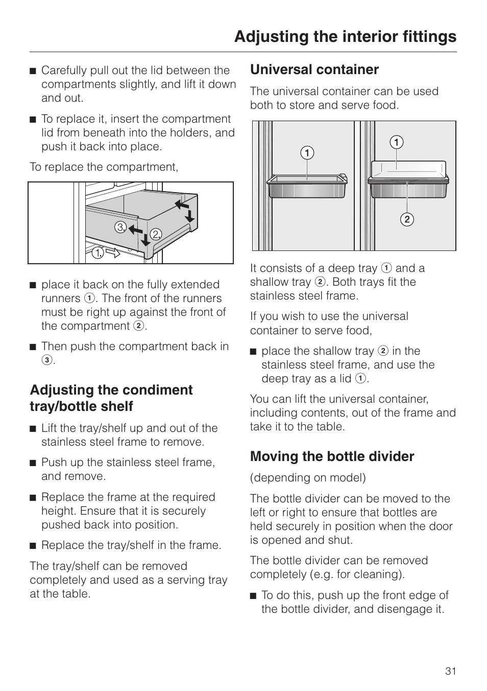 Adjusting the condiment tray/bottle shelf 31, Universal container 31, Moving the bottle divider 31 | Adjusting the interior fittings, Adjusting the condiment tray/bottle shelf, Universal container, Moving the bottle divider | Miele KF 9757 iD User Manual | Page 31 / 64
