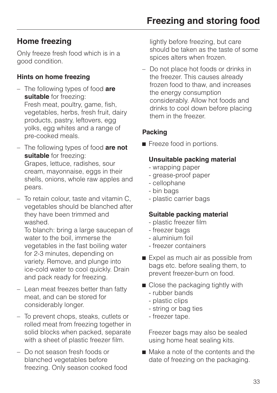 Home freezing 33, Hints on home freezing 33, Packing 33 | Home freezing, Hints on home freezing packing, Freezing and storing food | Miele KF 9757 iD User Manual | Page 33 / 64