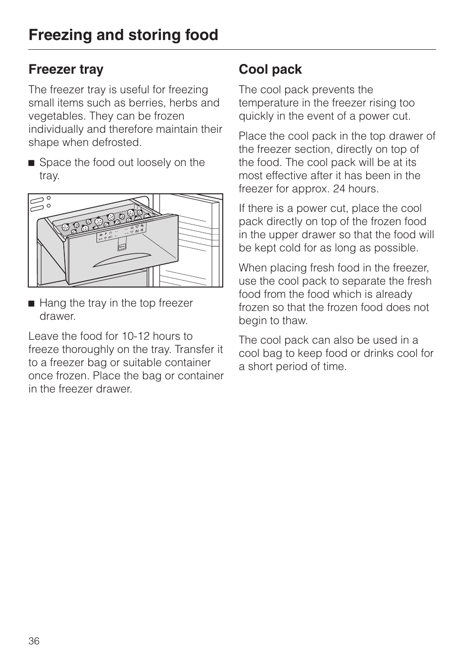 Freezer tray 36, Cool pack 36, Freezer tray cool pack | Freezing and storing food, Freezer tray, Cool pack | Miele KF 9757 iD User Manual | Page 36 / 64