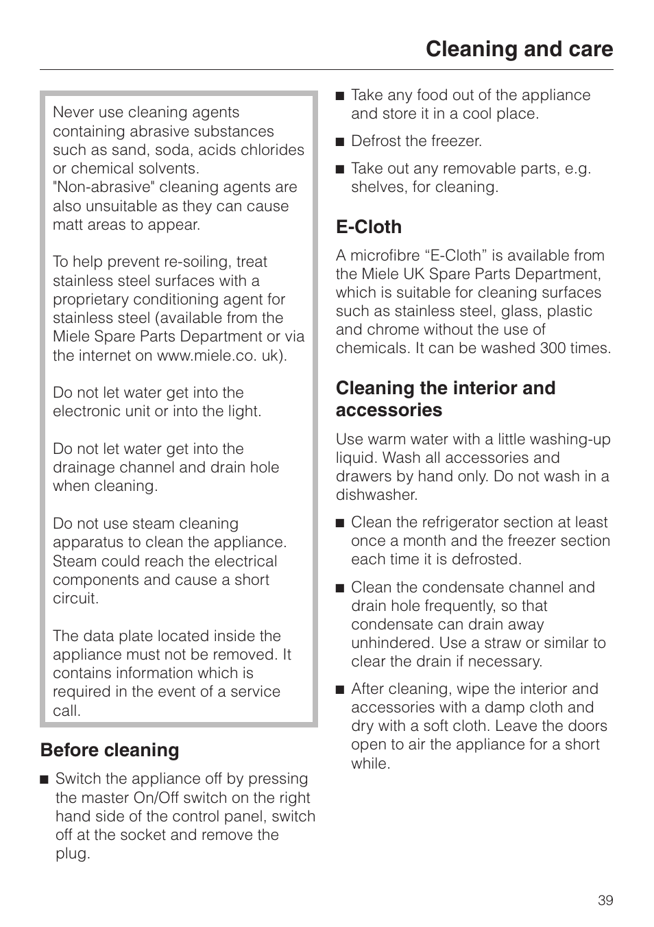 Cleaning and care 39, E-cloth 39, Cleaning the interior and accessories 39 | Cleaning and care, E-cloth cleaning the interior and accessories, Before cleaning, E-cloth, Cleaning the interior and accessories | Miele KF 9757 iD User Manual | Page 39 / 64