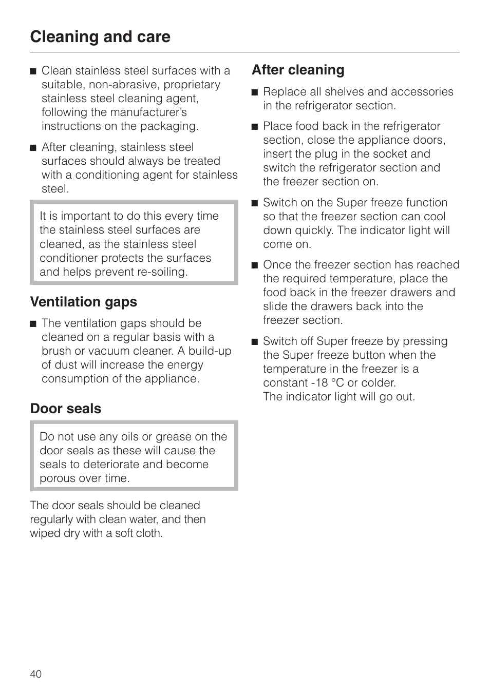 Ventilation gaps 40, Door seals 40, Ventilation gaps door seals | Cleaning and care, Ventilation gaps, Door seals, After cleaning | Miele KF 9757 iD User Manual | Page 40 / 64