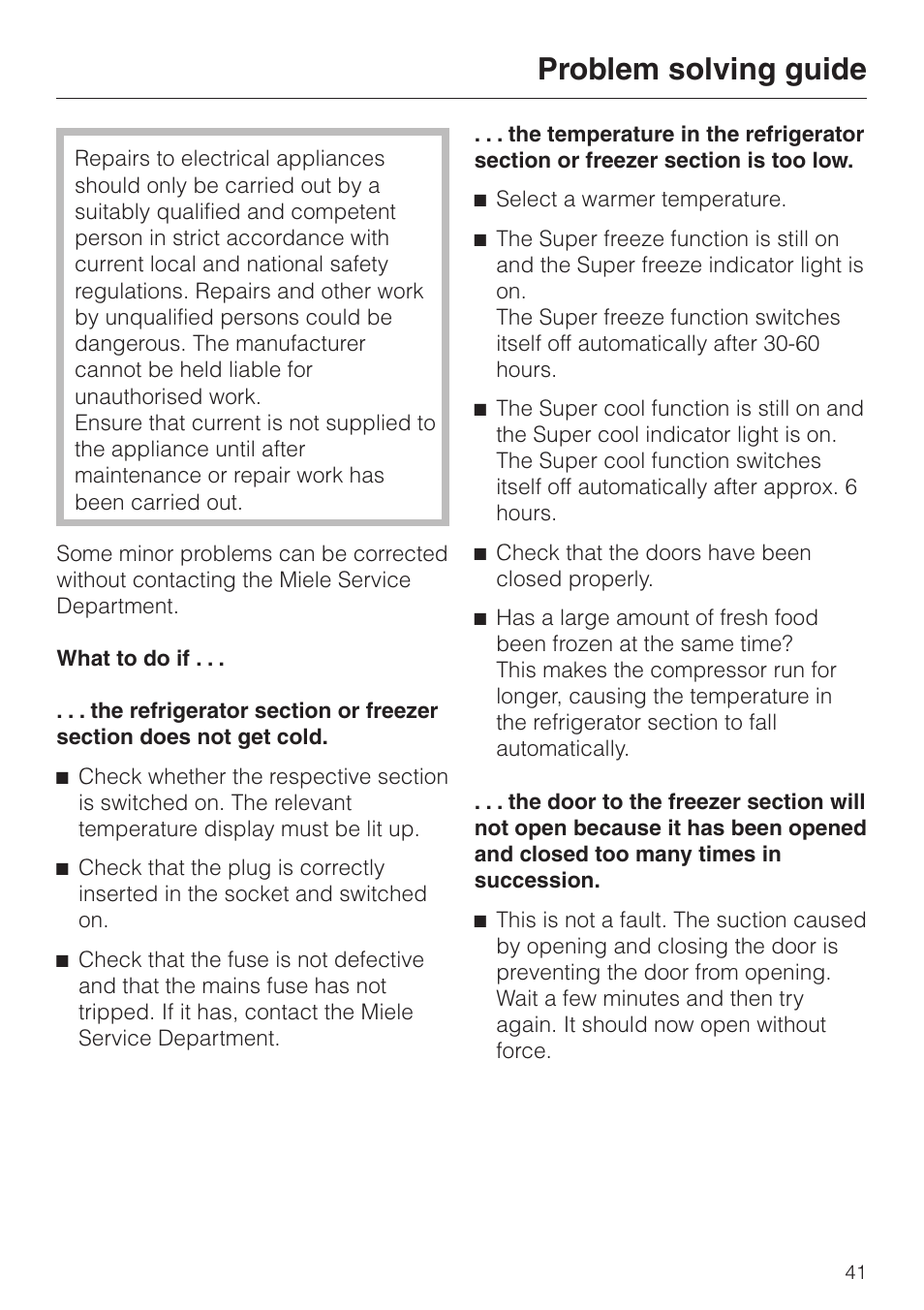 Problem solving guide 41, Problem solving guide | Miele KF 9757 iD User Manual | Page 41 / 64