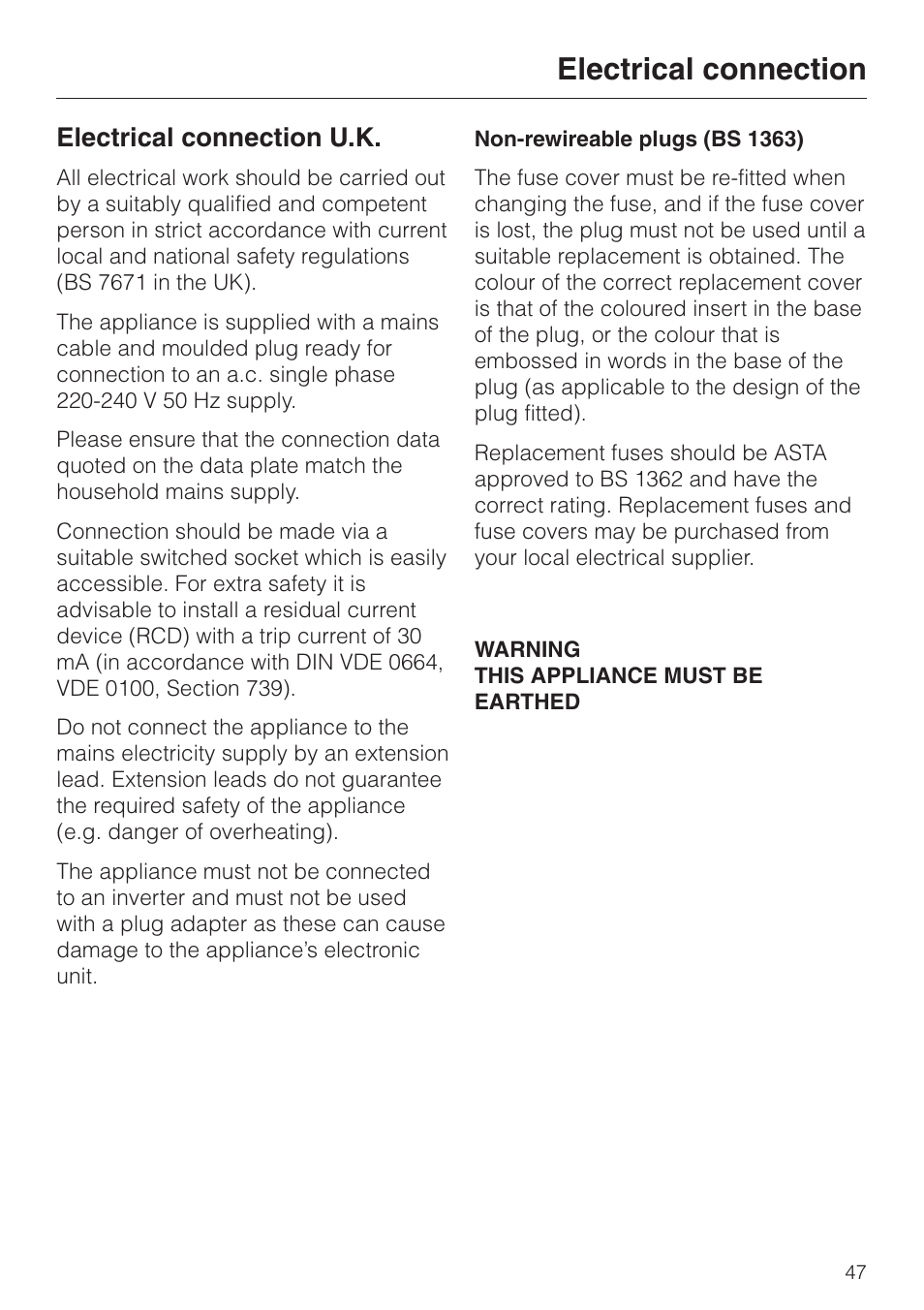 Electrical connection 47, Electrical connection, Electrical connection u.k | Miele KF 9757 iD User Manual | Page 47 / 64