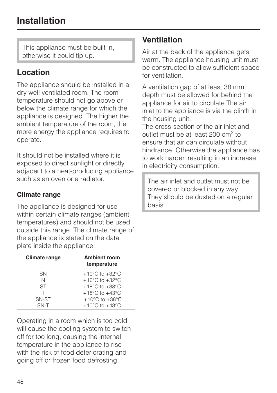 Installation 48, Location 48, Climate range 48 | Ventilation 48, Installation, Location, Climate range, Ventilation | Miele KF 9757 iD User Manual | Page 48 / 64