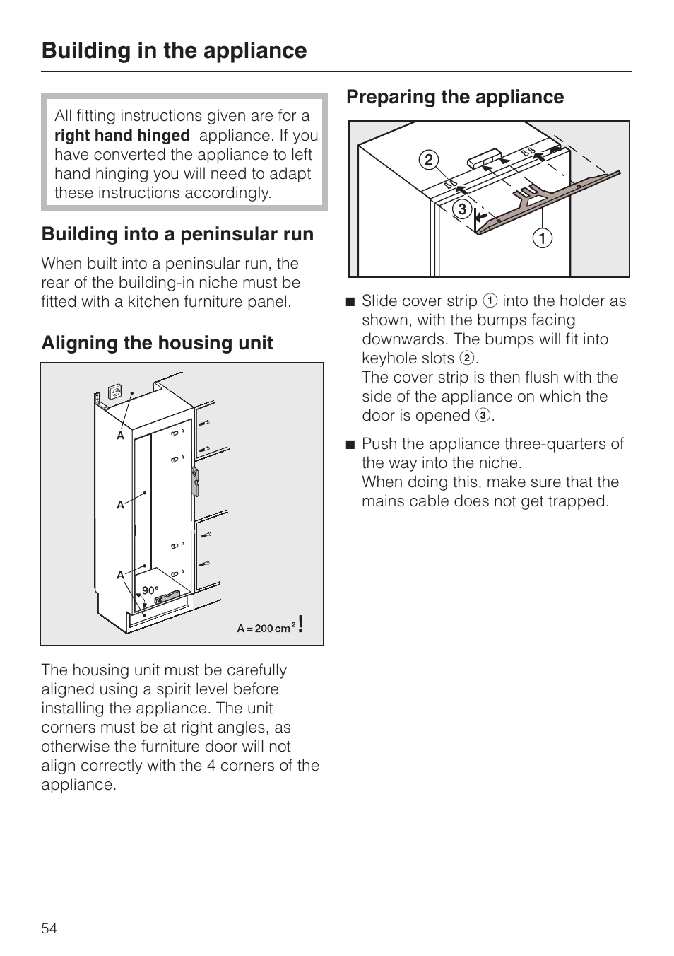 Building in the appliance 54, Building into a peninsular run 54, Building in the appliance | Building into a peninsular run, Aligning the housing unit, Preparing the appliance | Miele KF 9757 iD User Manual | Page 54 / 64