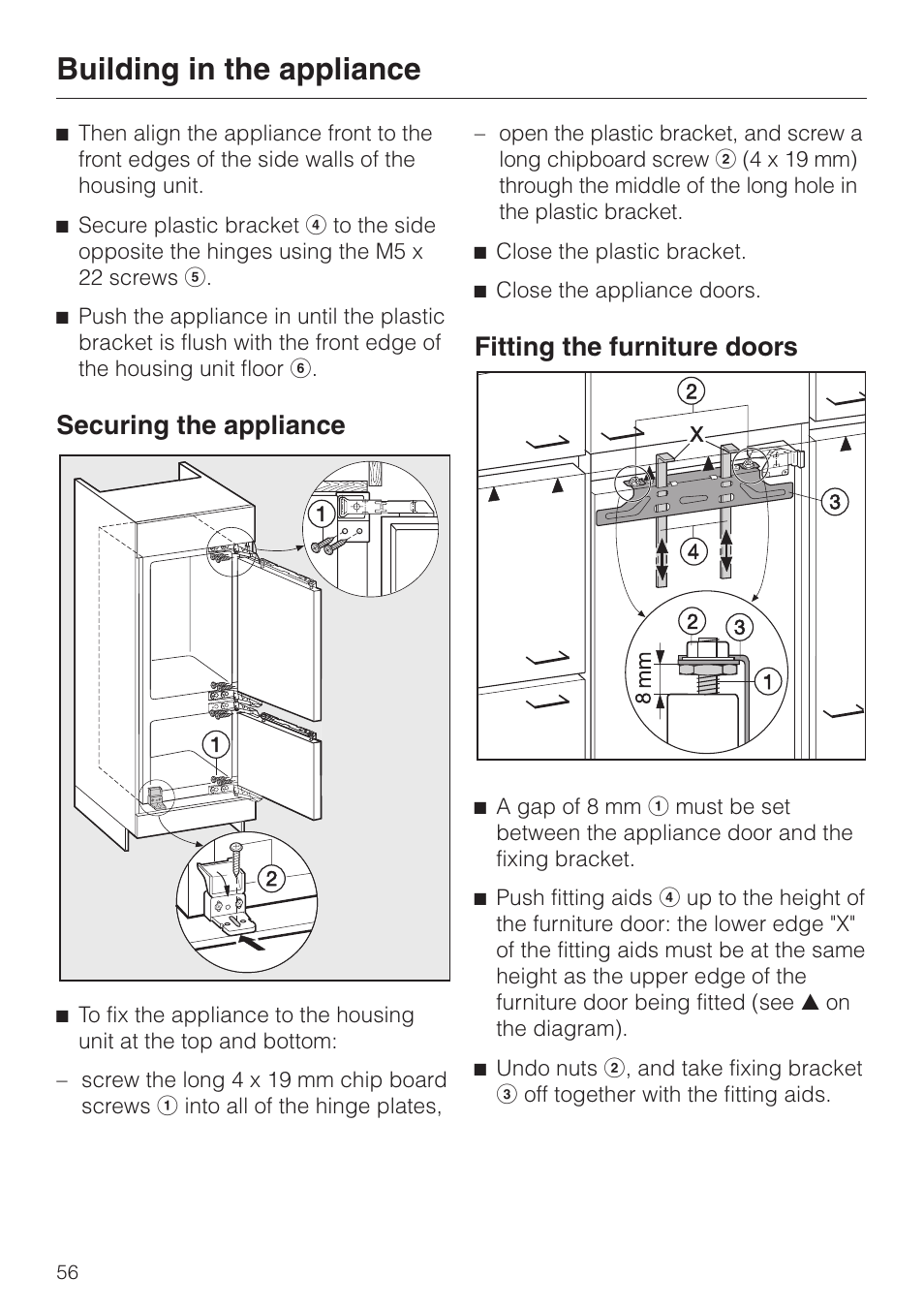 Fitting the furniture doors 56, Fitting the furniture doors, Building in the appliance | Securing the appliance | Miele KF 9757 iD User Manual | Page 56 / 64