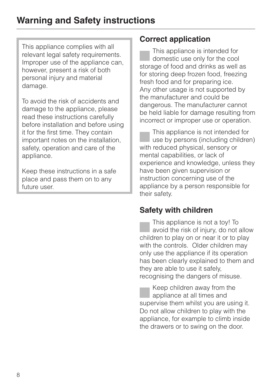 Warning and safety instructions 8, Warning and safety instructions, Correct application | Safety with children | Miele KF 9757 iD User Manual | Page 8 / 64
