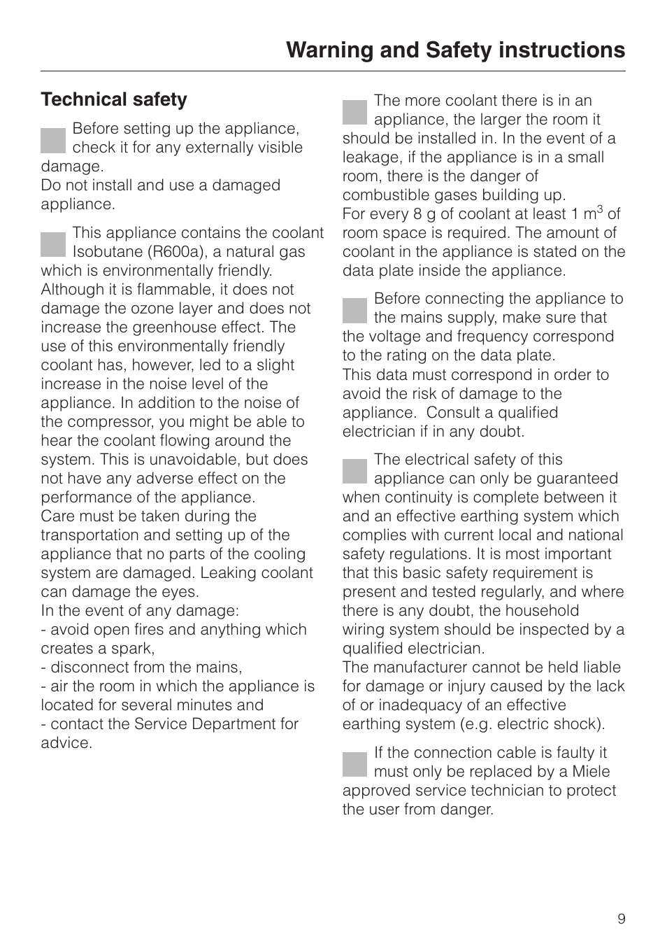 Warning and safety instructions, Technical safety | Miele KF 9757 iD User Manual | Page 9 / 64