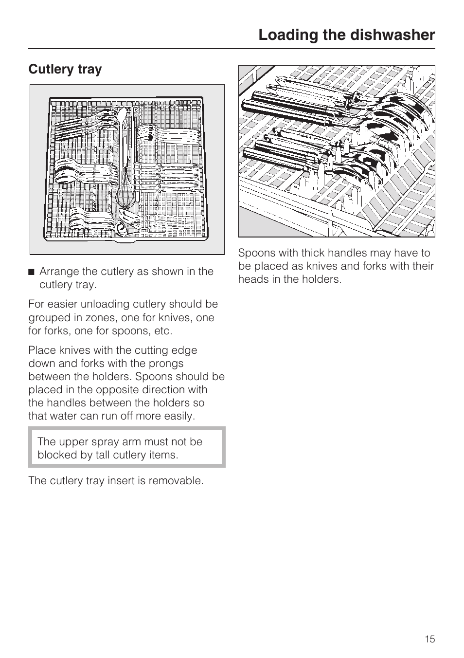 Cutlery tray 15, Loading the dishwasher, Cutlery tray | Miele G 2181 User Manual | Page 15 / 56