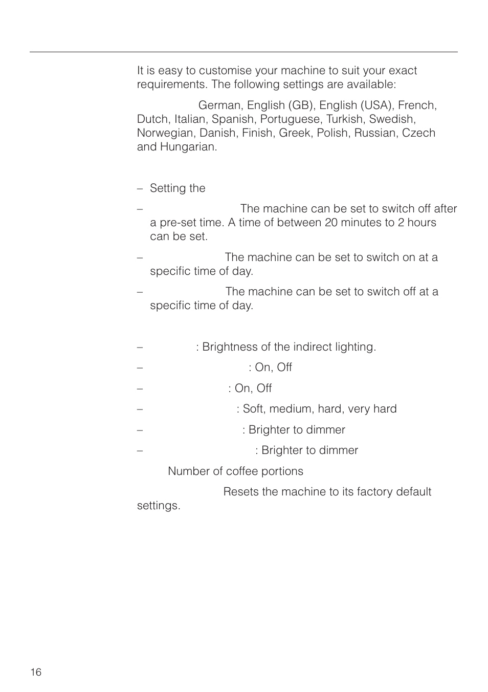 Settings: customising your machine 16, Settings: customising your machine | Miele CVA 2660 User Manual | Page 16 / 88
