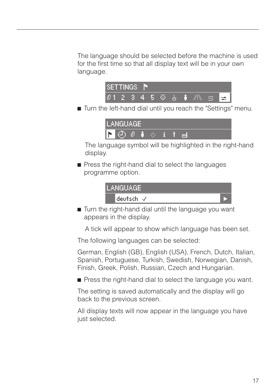 Selecting a language 17, Settings: customising your machine, Selecting a language | Miele CVA 2660 User Manual | Page 17 / 88