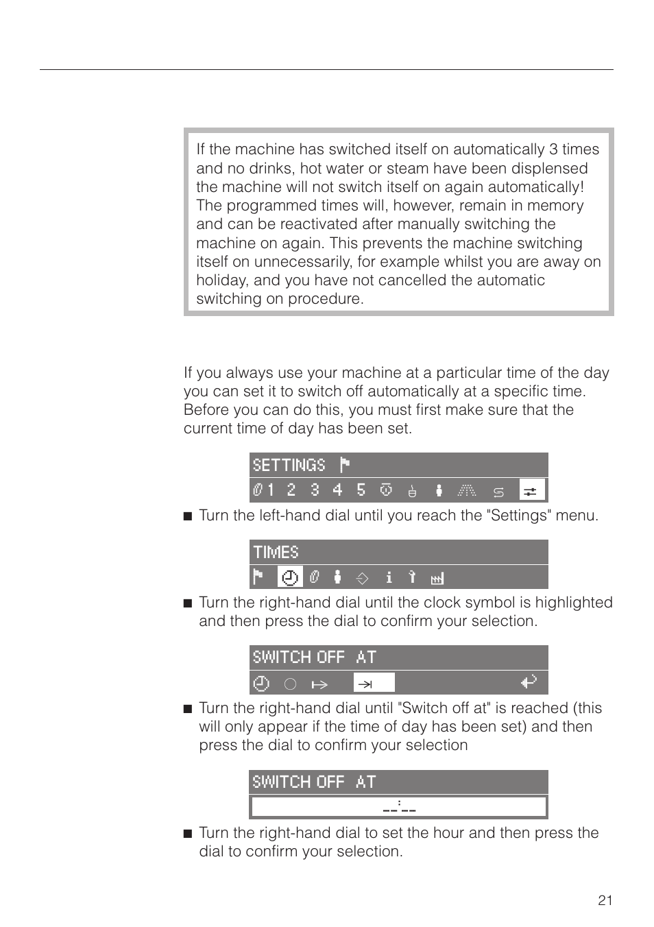 Switching off at a pre-set time 21, Settings: customising your machine, Switching off at a pre-set time | Miele CVA 2660 User Manual | Page 21 / 88