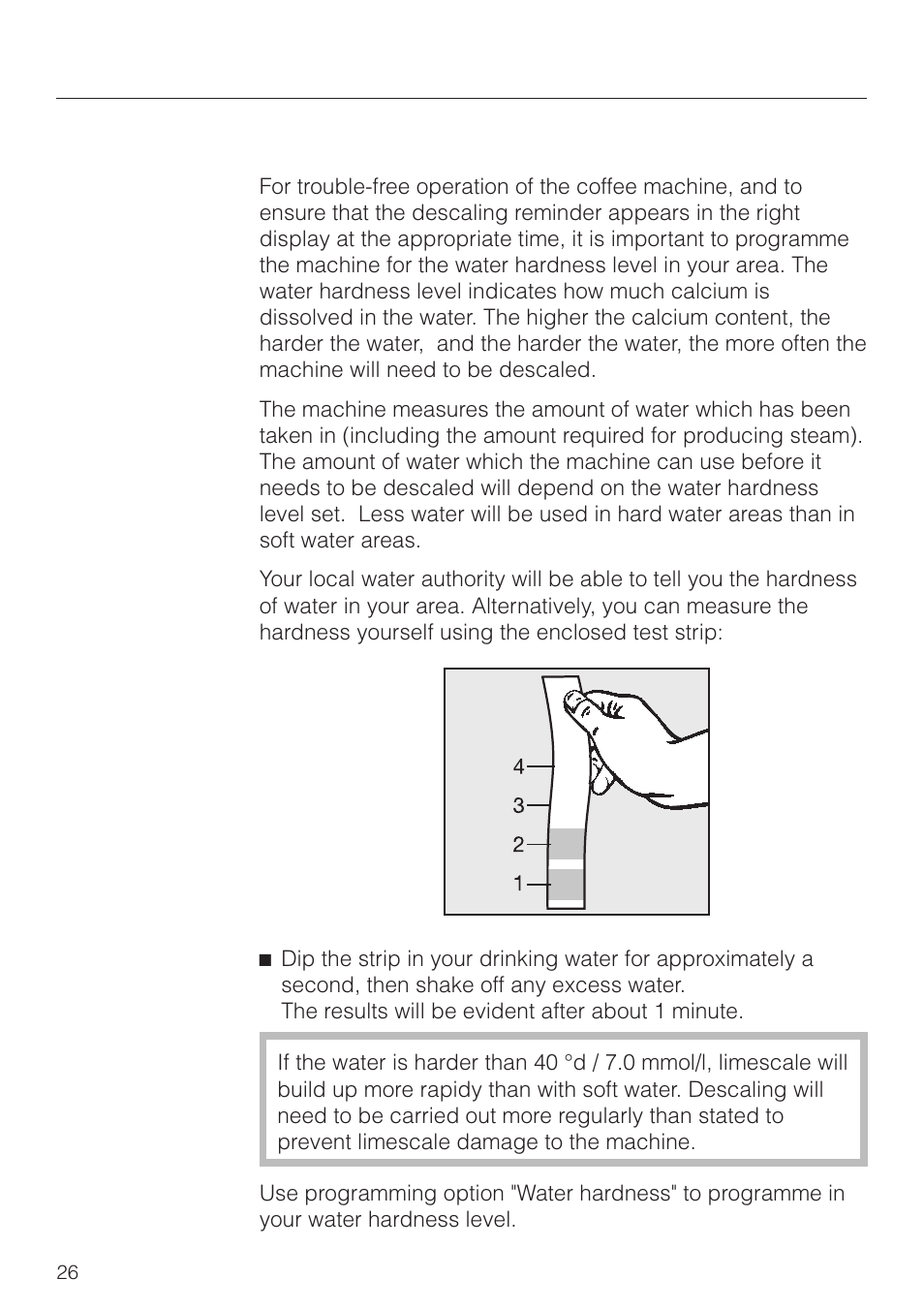Setting the water hardness 26, Settings: customising your machine, Setting the water hardness | Miele CVA 2660 User Manual | Page 26 / 88