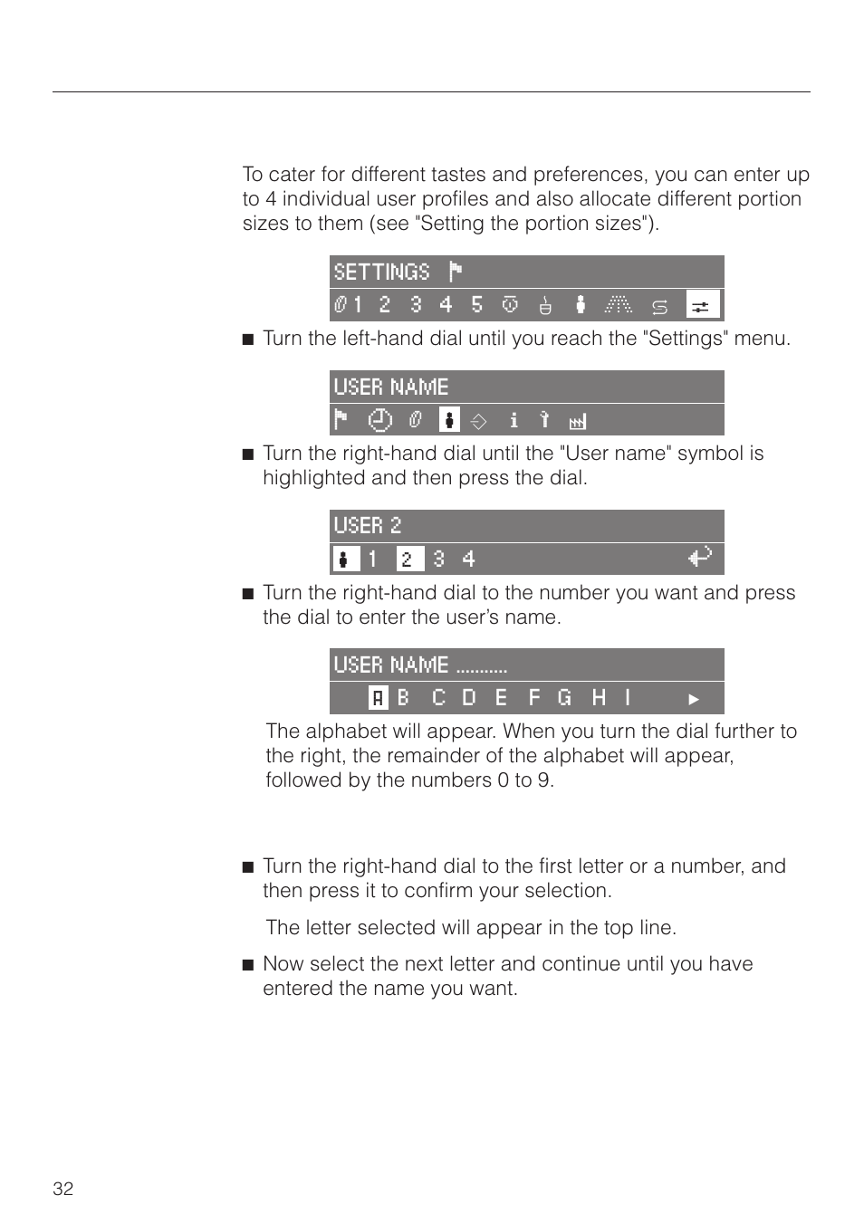Setting up user profiles 32, Setting the user name 32, Setting up user profiles | Setting the user name | Miele CVA 2660 User Manual | Page 32 / 88