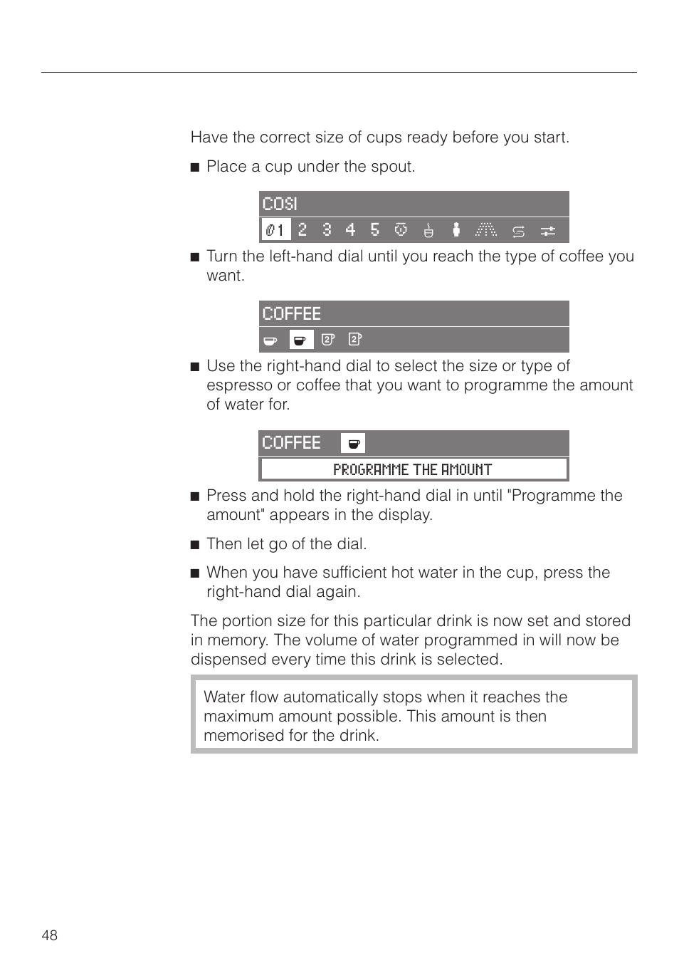 Portion size for the standard profile 48, Setting the portion sizes, Portion size for the standard profile | Miele CVA 2660 User Manual | Page 48 / 88