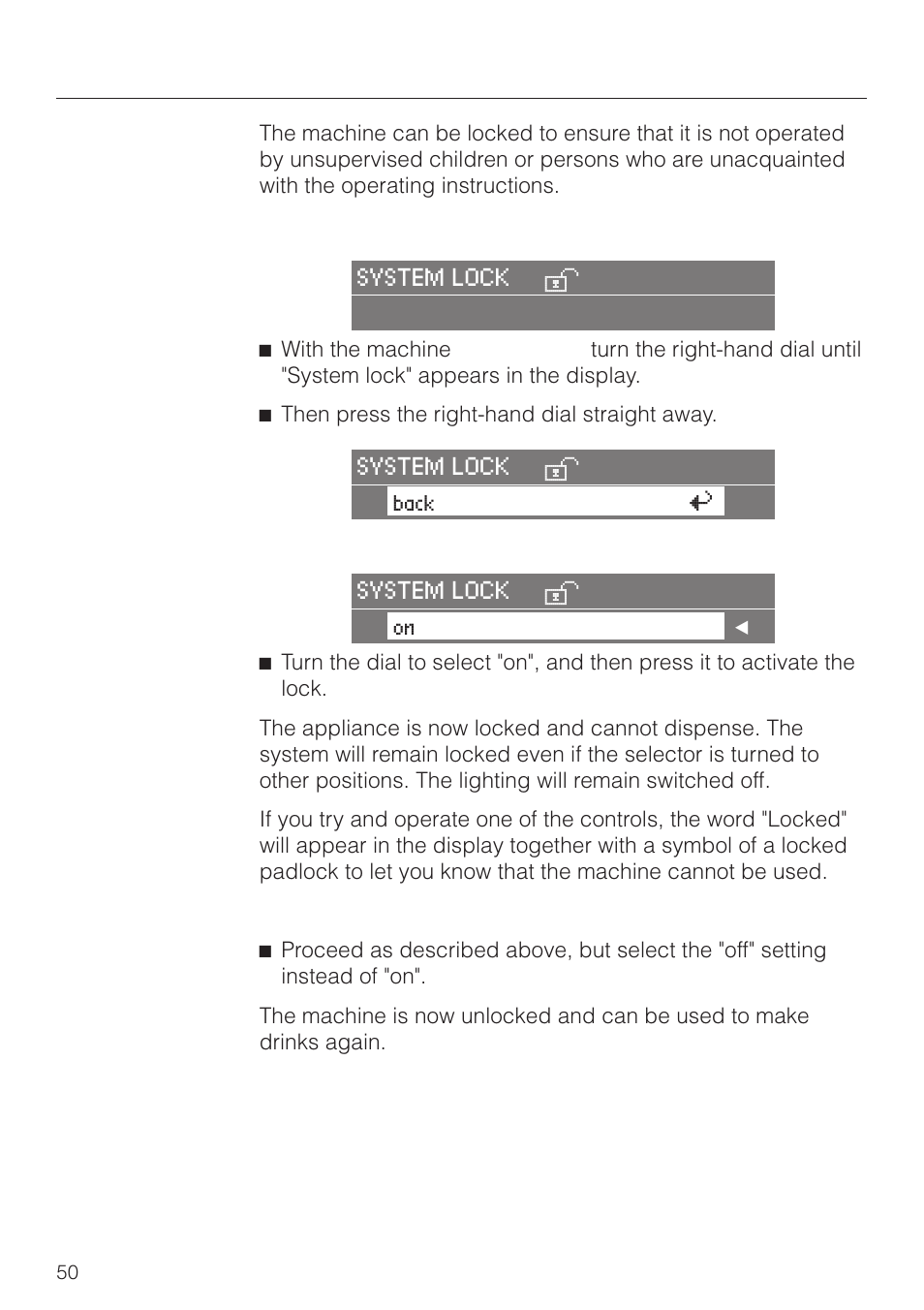 System lock 50, System lock | Miele CVA 2660 User Manual | Page 50 / 88