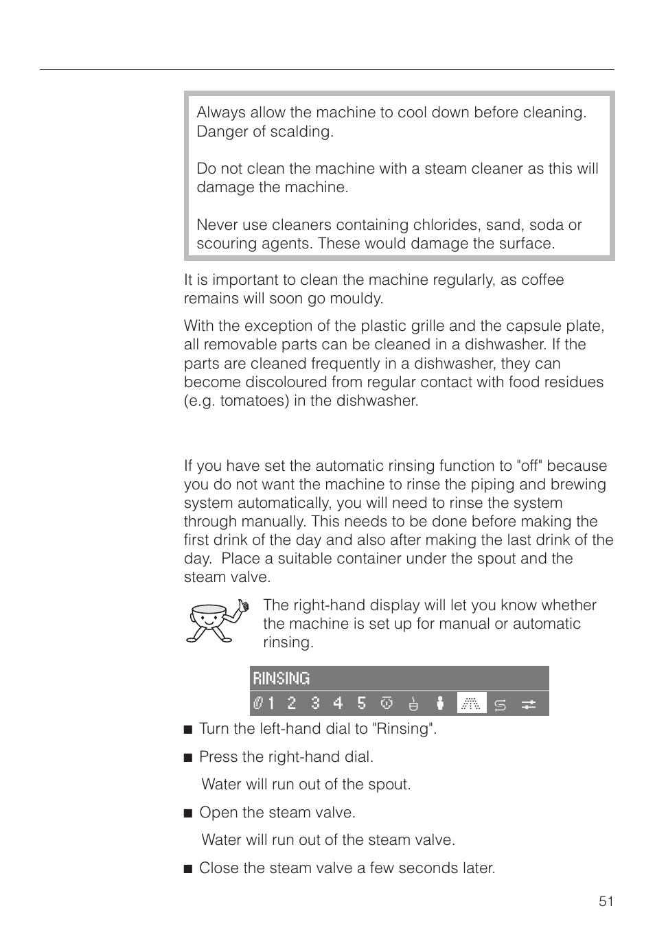 Cleaning and care 51, Rinsing 51, Cleaning and care | Rinsing | Miele CVA 2660 User Manual | Page 51 / 88