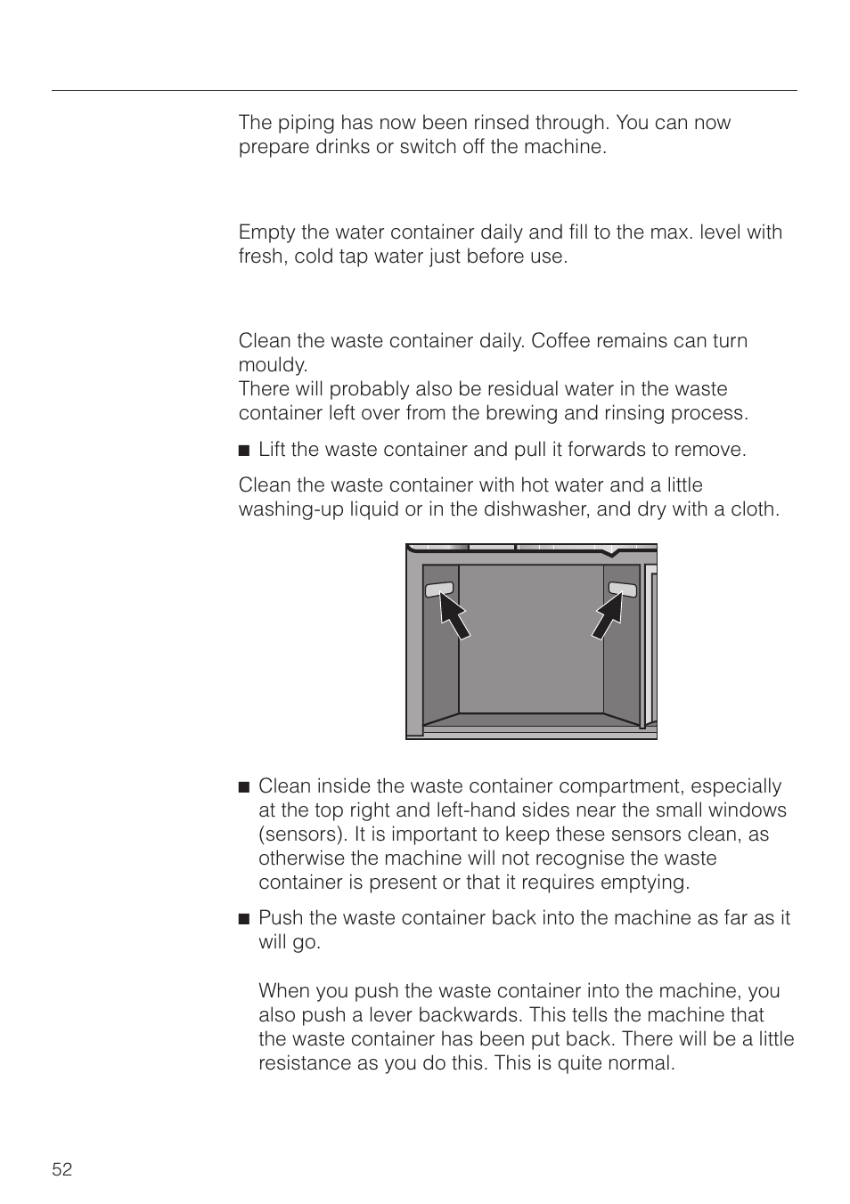 Water container 52, Waste container 52, Cleaning and care | Water container, Waste container | Miele CVA 2660 User Manual | Page 52 / 88
