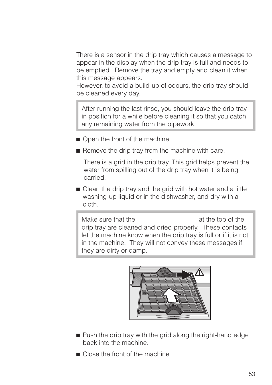 Drip tray 53, Cleaning and care, Drip tray | Miele CVA 2660 User Manual | Page 53 / 88