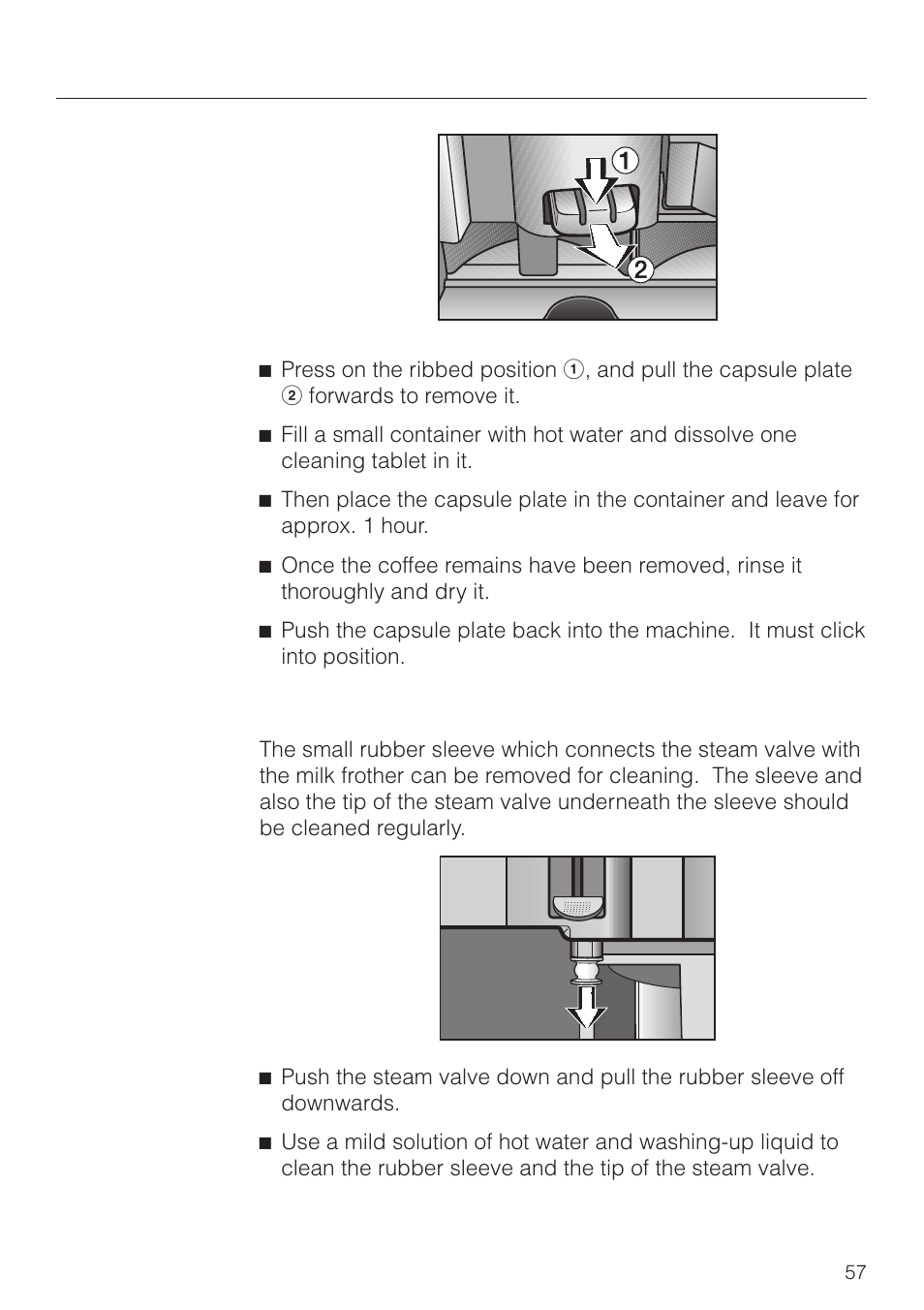 Steam valve 57, Cleaning and care, Steam valve | Miele CVA 2660 User Manual | Page 57 / 88