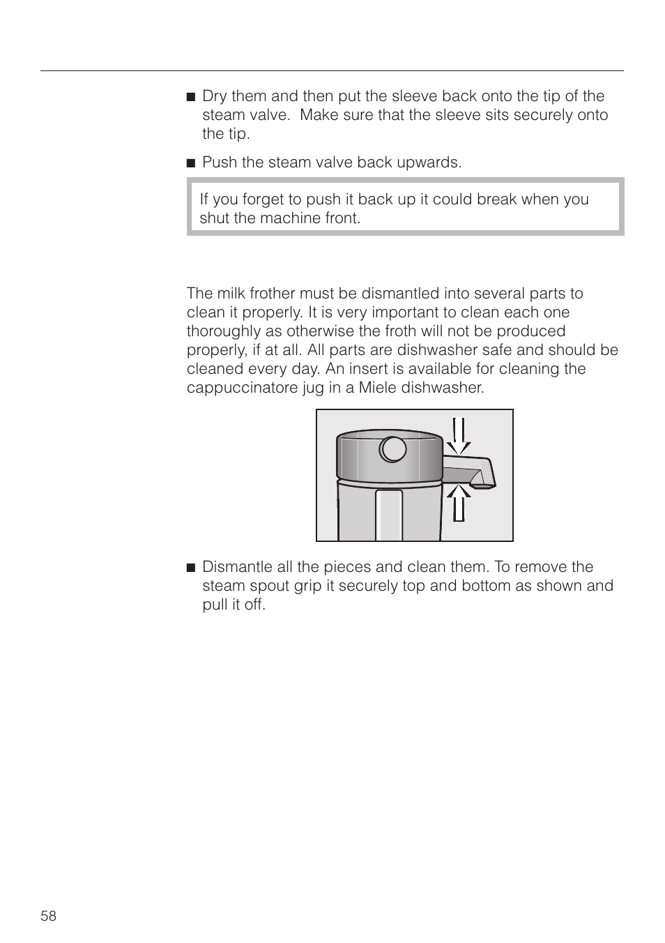 Milk frother (cappuccinatore) 58, Cleaning and care, Milk frother (cappuccinatore) | Miele CVA 2660 User Manual | Page 58 / 88