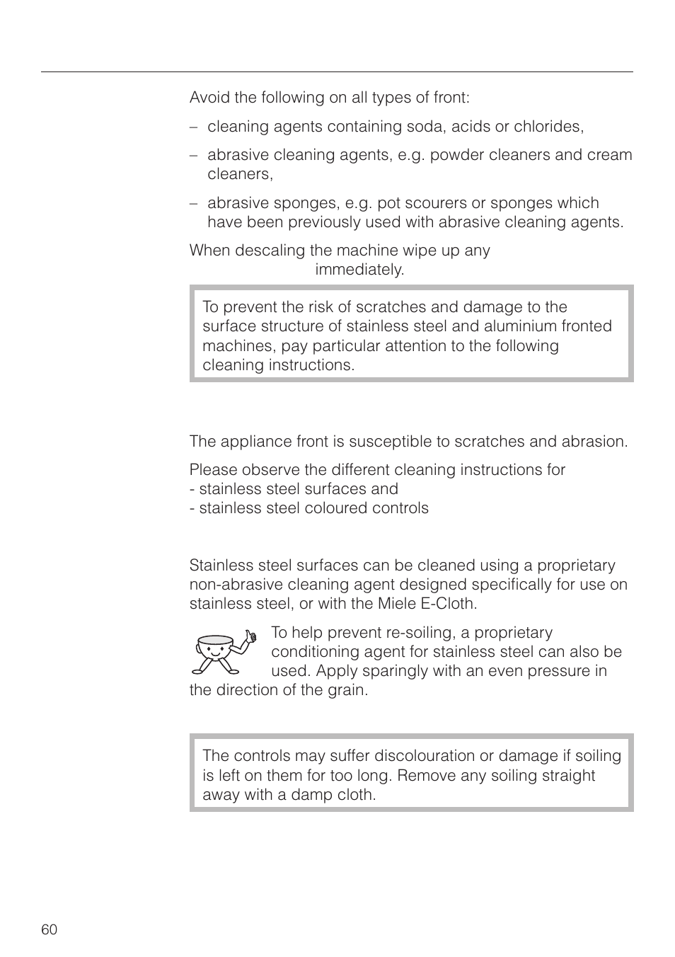 Stainless steel fronts 60, Cleaning and care, Stainless steel fronts | Miele CVA 2660 User Manual | Page 60 / 88