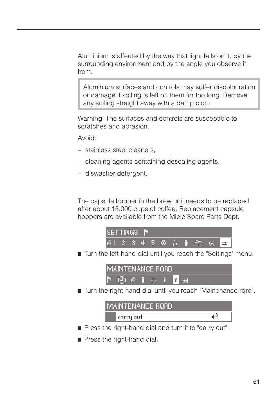 Aluminium fronts 61, Maintenance 61, Cleaning and care | Aluminium fronts, Maintenance | Miele CVA 2660 User Manual | Page 61 / 88