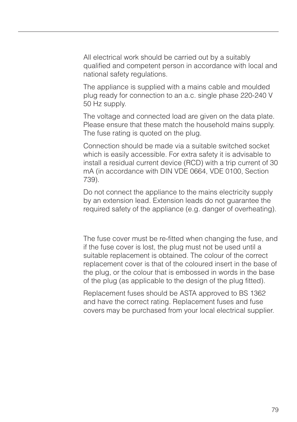 Electrical connection 79, Electrical connection u.k. 79, Electrical connection | Electrical connection u.k | Miele CVA 2660 User Manual | Page 79 / 88