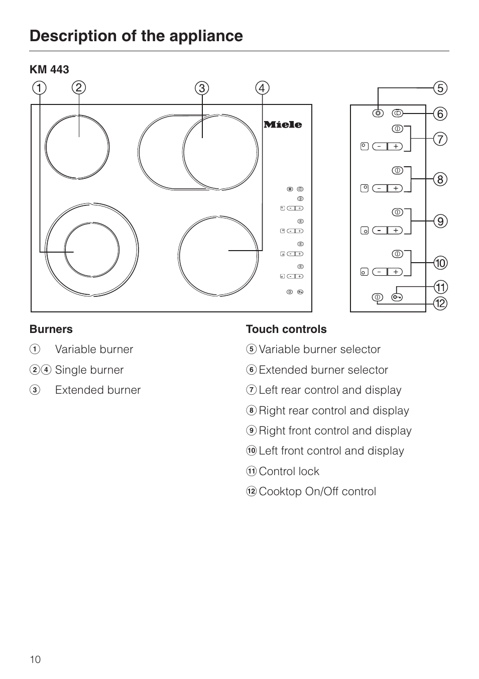 Description of the appliance 10, Description of the appliance | Miele KM 443 User Manual | Page 10 / 28