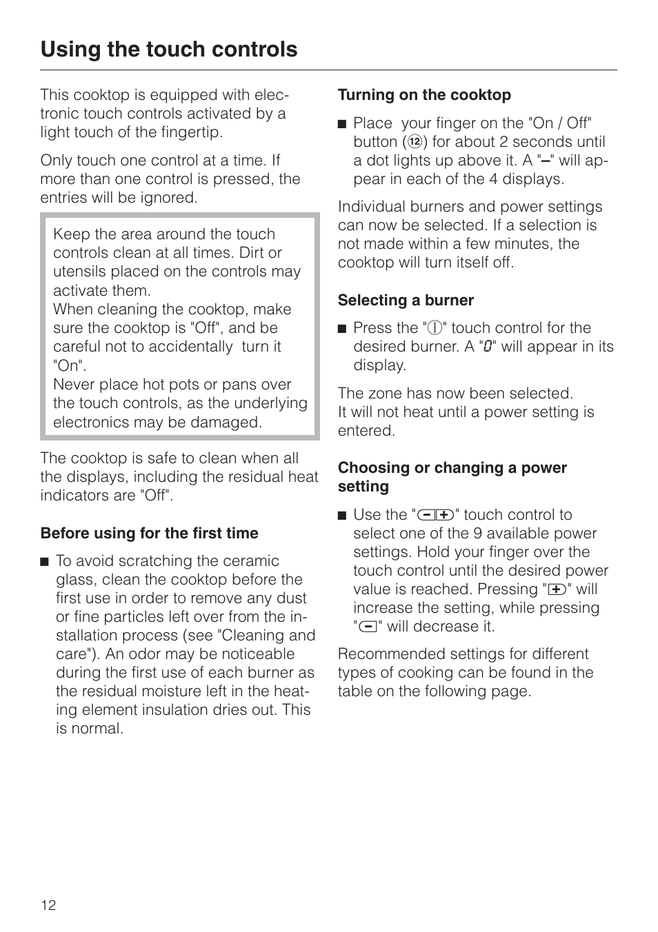 Using the touch controls 12, Using the touch controls | Miele KM 443 User Manual | Page 12 / 28