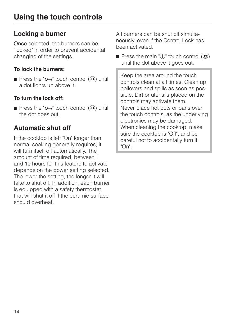 Locking a burner 14, Automatic shut off 14, Locking a burner automatic shut off | Using the touch controls, Locking a burner, Automatic shut off | Miele KM 443 User Manual | Page 14 / 28